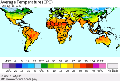 World Average Temperature (CPC) Thematic Map For 10/12/2020 - 10/18/2020