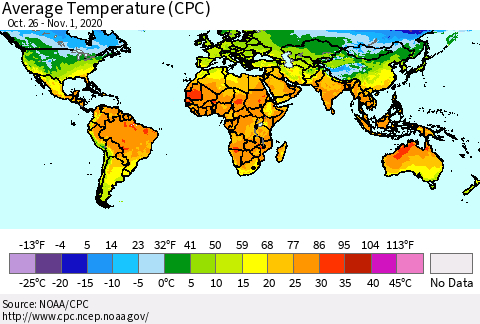 World Average Temperature (CPC) Thematic Map For 10/26/2020 - 11/1/2020