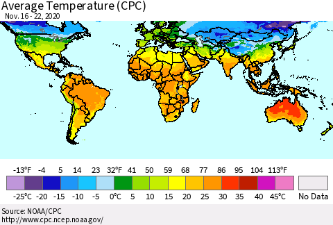 World Average Temperature (CPC) Thematic Map For 11/16/2020 - 11/22/2020