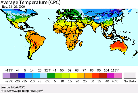 World Average Temperature (CPC) Thematic Map For 11/23/2020 - 11/29/2020