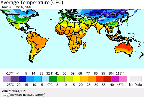 World Average Temperature (CPC) Thematic Map For 11/30/2020 - 12/6/2020