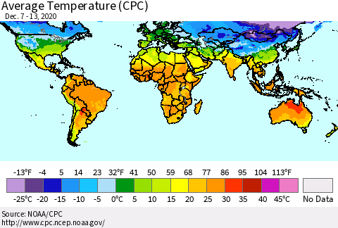 World Average Temperature (CPC) Thematic Map For 12/7/2020 - 12/13/2020