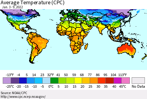 World Average Temperature (CPC) Thematic Map For 1/3/2022 - 1/9/2022
