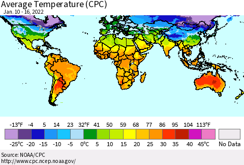 World Average Temperature (CPC) Thematic Map For 1/10/2022 - 1/16/2022