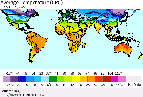 World Average Temperature (CPC) Thematic Map For 1/17/2022 - 1/23/2022