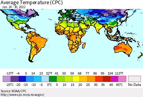 World Average Temperature (CPC) Thematic Map For 1/24/2022 - 1/30/2022