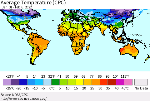 World Average Temperature (CPC) Thematic Map For 1/31/2022 - 2/6/2022