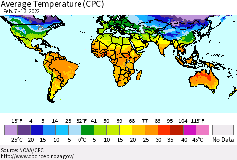 World Average Temperature (CPC) Thematic Map For 2/7/2022 - 2/13/2022