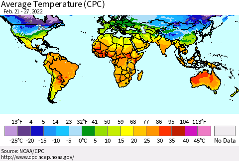World Average Temperature (CPC) Thematic Map For 2/21/2022 - 2/27/2022