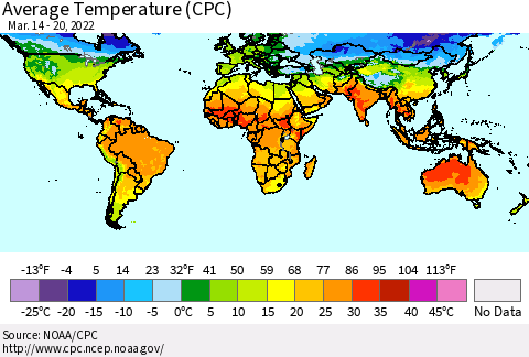 World Average Temperature (CPC) Thematic Map For 3/14/2022 - 3/20/2022