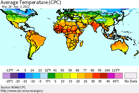 World Average Temperature (CPC) Thematic Map For 3/28/2022 - 4/3/2022