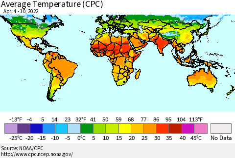 World Average Temperature (CPC) Thematic Map For 4/4/2022 - 4/10/2022