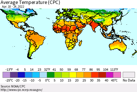 World Average Temperature (CPC) Thematic Map For 4/18/2022 - 4/24/2022