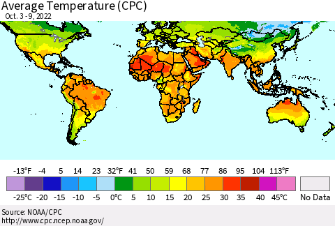 World Average Temperature (CPC) Thematic Map For 10/3/2022 - 10/9/2022