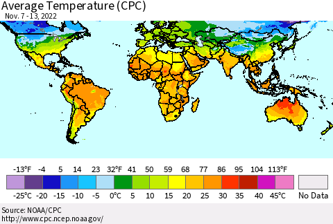 World Average Temperature (CPC) Thematic Map For 11/7/2022 - 11/13/2022
