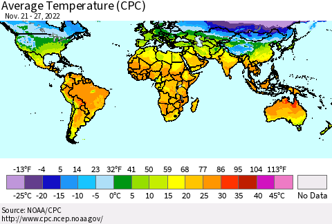 World Average Temperature (CPC) Thematic Map For 11/21/2022 - 11/27/2022