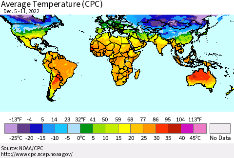 World Average Temperature (CPC) Thematic Map For 12/5/2022 - 12/11/2022