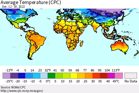 World Average Temperature (CPC) Thematic Map For 12/12/2022 - 12/18/2022