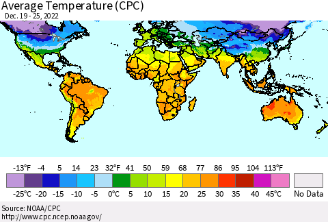 World Average Temperature (CPC) Thematic Map For 12/19/2022 - 12/25/2022