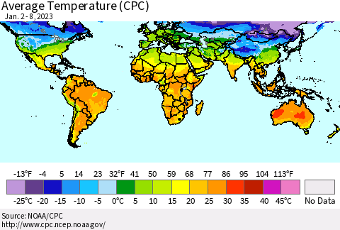 World Average Temperature (CPC) Thematic Map For 1/2/2023 - 1/8/2023