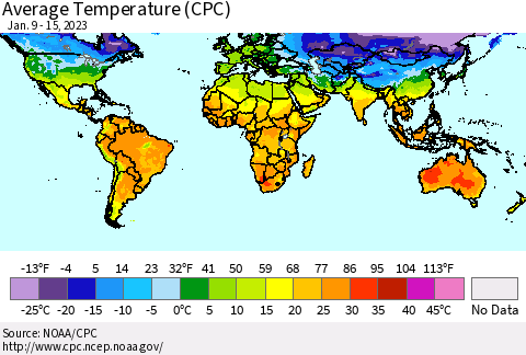 World Average Temperature (CPC) Thematic Map For 1/9/2023 - 1/15/2023