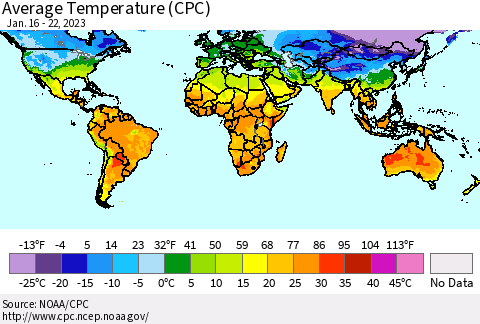 World Average Temperature (CPC) Thematic Map For 1/16/2023 - 1/22/2023
