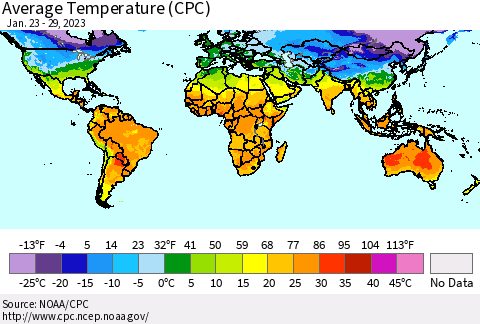 World Average Temperature (CPC) Thematic Map For 1/23/2023 - 1/29/2023