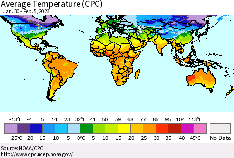 World Average Temperature (CPC) Thematic Map For 1/30/2023 - 2/5/2023