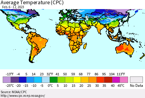 World Average Temperature (CPC) Thematic Map For 2/6/2023 - 2/12/2023