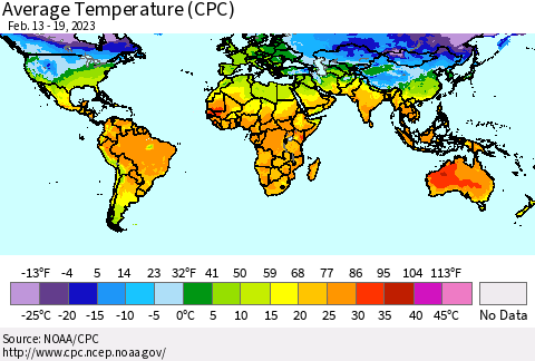 World Average Temperature (CPC) Thematic Map For 2/13/2023 - 2/19/2023