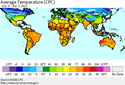 World Average Temperature (CPC) Thematic Map For 2/27/2023 - 3/5/2023