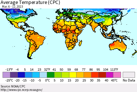 World Average Temperature (CPC) Thematic Map For 3/6/2023 - 3/12/2023