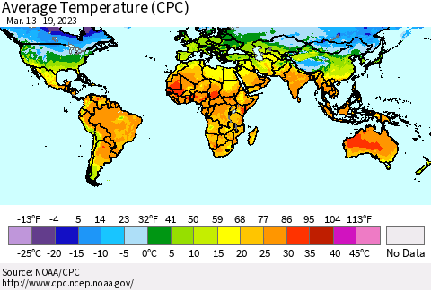 World Average Temperature (CPC) Thematic Map For 3/13/2023 - 3/19/2023