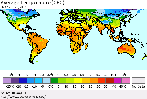 World Average Temperature (CPC) Thematic Map For 3/20/2023 - 3/26/2023