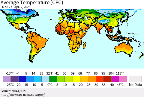 World Average Temperature (CPC) Thematic Map For 3/27/2023 - 4/2/2023