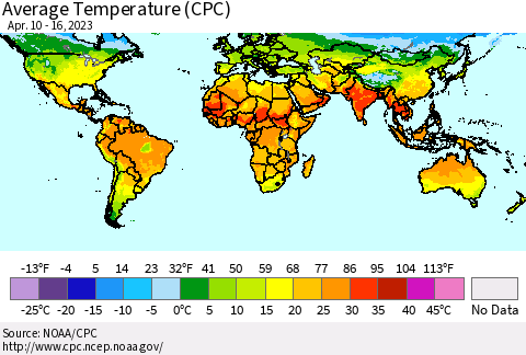 World Average Temperature (CPC) Thematic Map For 4/10/2023 - 4/16/2023