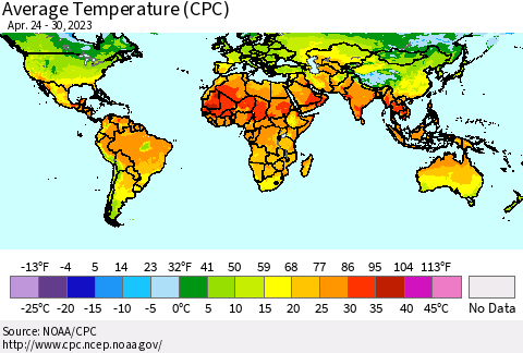 World Average Temperature (CPC) Thematic Map For 4/24/2023 - 4/30/2023