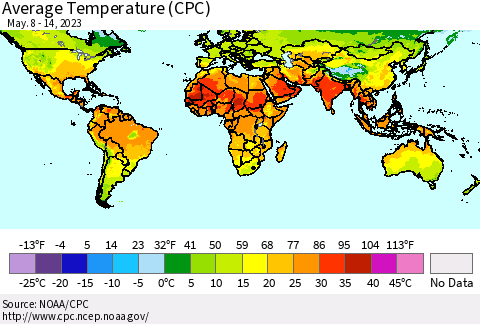 World Average Temperature (CPC) Thematic Map For 5/8/2023 - 5/14/2023