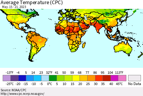 World Average Temperature (CPC) Thematic Map For 5/15/2023 - 5/21/2023