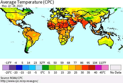 World Average Temperature (CPC) Thematic Map For 5/22/2023 - 5/28/2023