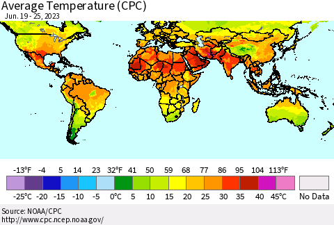 World Average Temperature (CPC) Thematic Map For 6/19/2023 - 6/25/2023