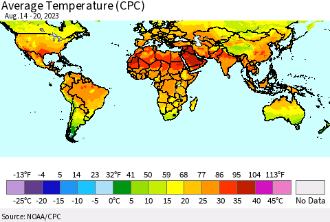 World Average Temperature (CPC) Thematic Map For 8/14/2023 - 8/20/2023