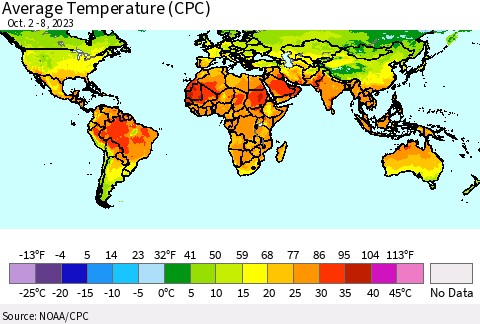 World Average Temperature (CPC) Thematic Map For 10/2/2023 - 10/8/2023
