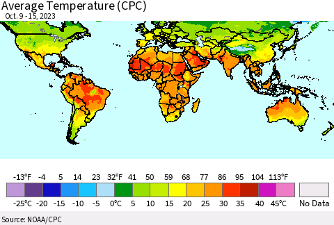 World Average Temperature (CPC) Thematic Map For 10/9/2023 - 10/15/2023
