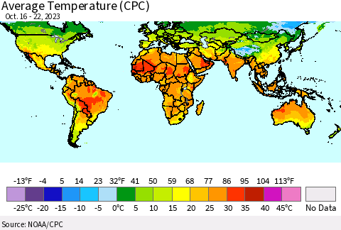 World Average Temperature (CPC) Thematic Map For 10/16/2023 - 10/22/2023