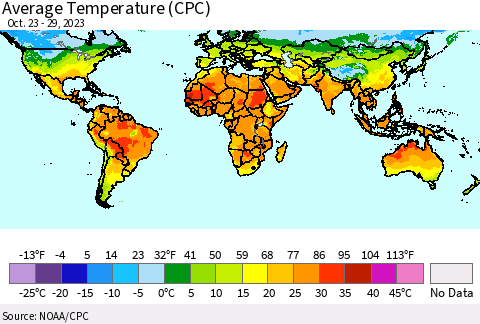 World Average Temperature (CPC) Thematic Map For 10/23/2023 - 10/29/2023