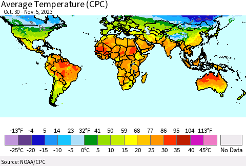 World Average Temperature (CPC) Thematic Map For 10/30/2023 - 11/5/2023