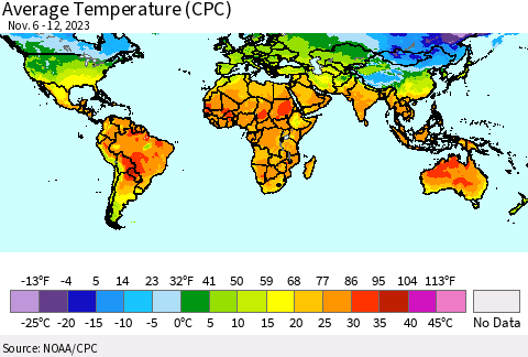 World Average Temperature (CPC) Thematic Map For 11/6/2023 - 11/12/2023
