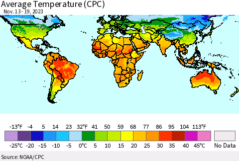World Average Temperature (CPC) Thematic Map For 11/13/2023 - 11/19/2023
