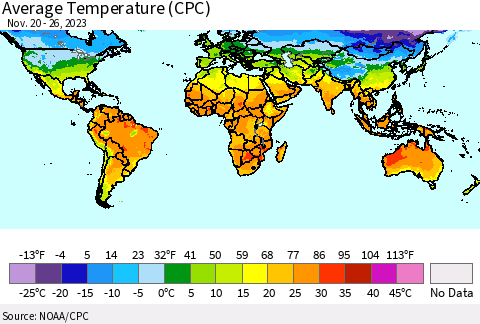 World Average Temperature (CPC) Thematic Map For 11/20/2023 - 11/26/2023